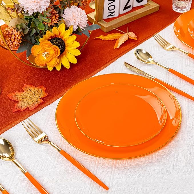 DaYammi 150Pcs Orange Plastic Plates & Gold Cutlery Set - Orange Disposable Plates with Gold Rim Includes 30 Dinner Plate,30 Dessert Plate,30 Knives,30 Forks,30 Spoons Perfect for Party Wedding