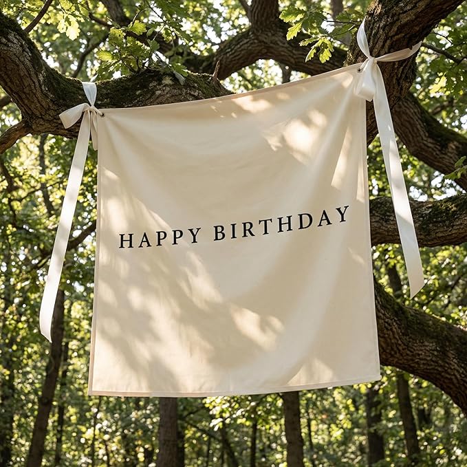 Oudain 40x40 Inch Happy Birthday Burlap Banner, Fabric Party Decorations Backdrop, Boho Rustic Photo Props Sign with Hanging String for Birthday Party Indoor Outdoor Yard Wall Decor