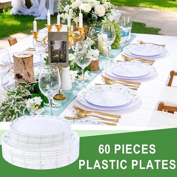 YOUBET 60PCS Floral Plastic Plates - Disposable Decorative Plates Set for 30 Guests - Blue and Green Floral Plate - Spring Plastic Dishes Dinnerware Sets for Tea Party & Wedding & Bridal Shower