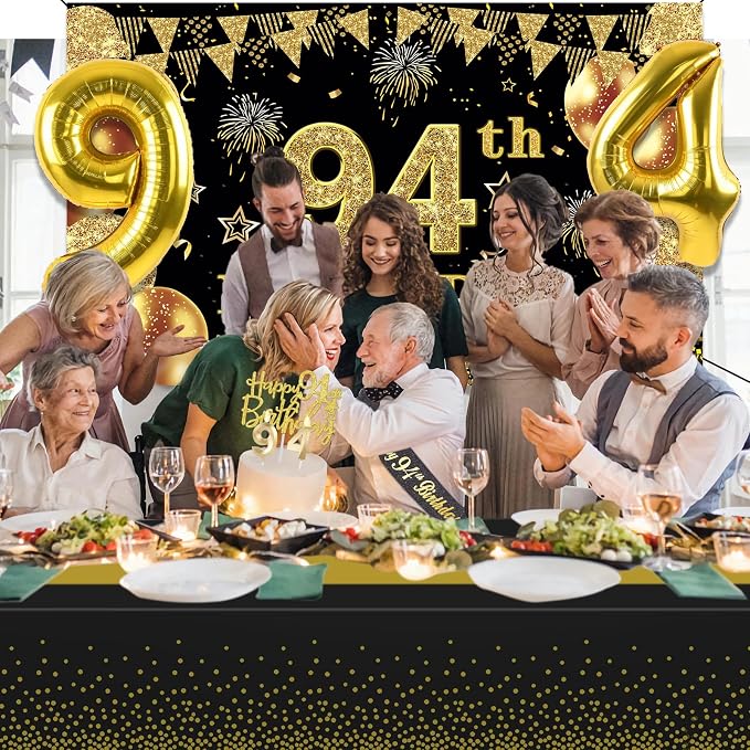 94th Birthday Decorations Men Women with 94th Birthday Banner, Black and Gold Table Cloth, Number Balloons, Large Sash, Cake Topper and Candles