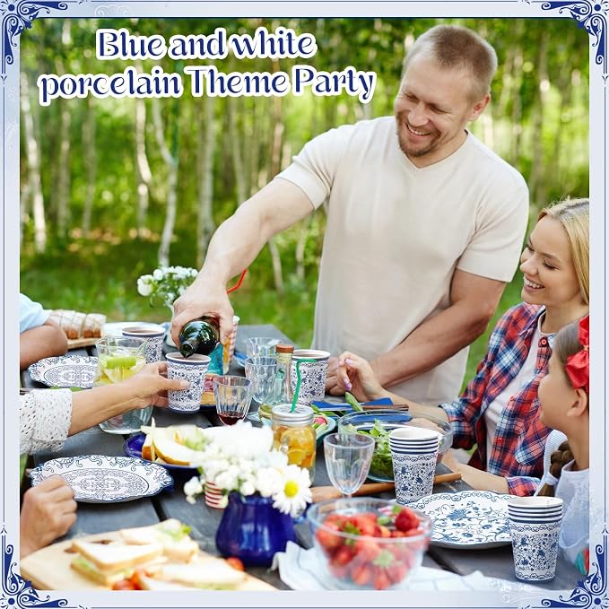 Pickmesh 250 Pcs Chinoiserie Party Supplies Decorations Blue and White Porcelain Disposable Paper Plates Napkins and Cups for Blue White Floral Baby Shower Birthday Wedding Tea Party, Serve 50