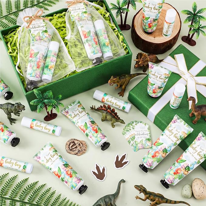Lounsweer 24 Sets Dinosaur Baby Shower Favors for Guests Sweet Baby Boy Dino Party Favor Set with Hand Cream and Lip Balm Travel Size Lotion Gift with Thank You Cards