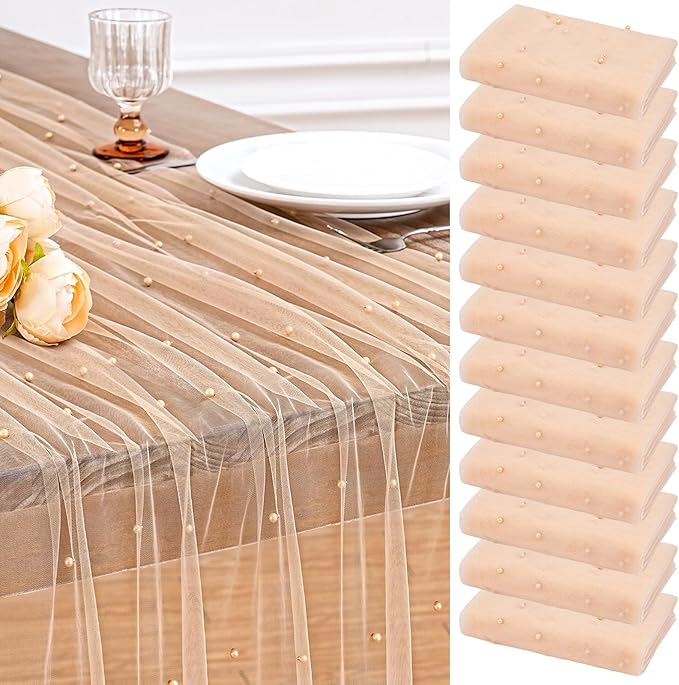 Pearl Table Runner Champagne Wedding Decorations: 12pcs Centerpieces Fall Pearl Mesh 29x120 Inch Tulle Chiffon Fabric for Birthday Party Dining Table Decor