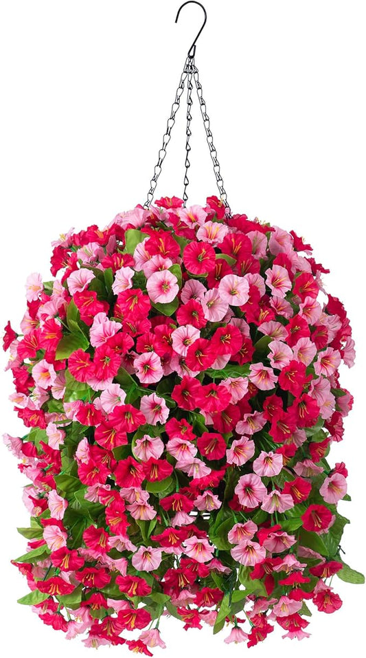 INXUGAO Artificial Flowers with Hanging Basket, Outdoor Faux Plants Silk Morning Glory Vines, Fake Green Arrangement for Garden Patio Spring Summer Decor(4pcs,Hot Pink)