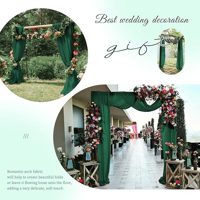 Wedding Arch Draping Fabric,4 Panels 28" x18ft Emerald Green Wedding Arch Drapes for Ceremony Sheer Chiffon Fabric Drapes Arbor Drapery Decorations for Reception Party