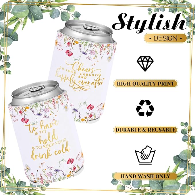 Qinyoung 50 Pieces Wildflower Wedding Can Cooler Sleeves Bulk Engagement Party Favors for Guests Cheers to Love Laughter and Happily Ever After Rehearsal Dinner Decorations for Wedding Bridal