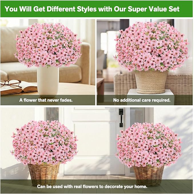 Artificial Flowers Fake Plants for Outdoors Spring Decoration, 13Bundles Silk Realistic UV Resistant Faux Flowers for Outside Planter Porch Yard Patio Garden Home Indoor, Pink