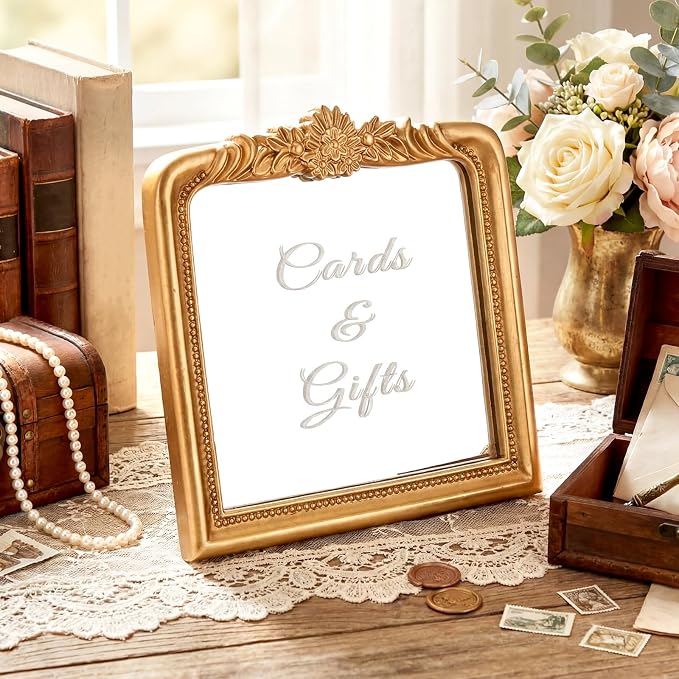 Bucherry Elegant Wedding Cards & Gifts Sign Rustic Resin Photo Frame Mirror with Stand Vintage Reception Decoration for Wedding Bridal Shower Engagement 7.3" x 7.5"