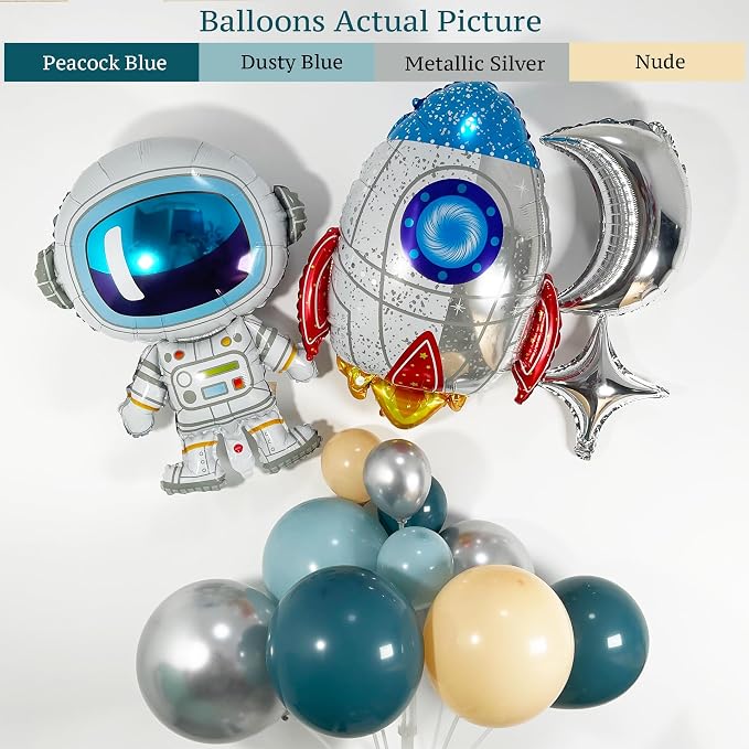 ECEAE 142Pcs Space Balloon Arch Garland Kit - Dusty Blue Nude Metallic Silver Color with Rocket Astronaut Moon Star Balloons for First Trip Around the Sun, Baby Boy Birthday Party Decorations