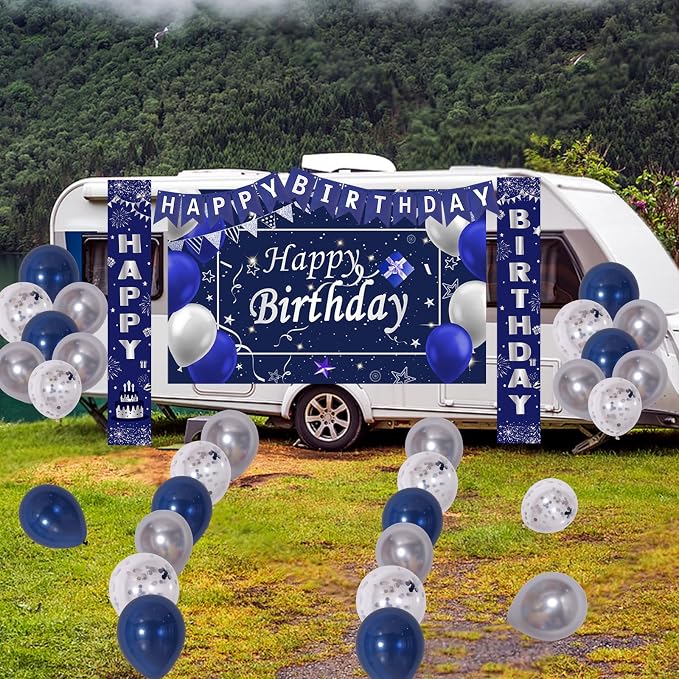 Blue and Silver Birthday Party Decoration for Men Boys Women Girls | Happy Birthday Backdrop Banner Tablecloth Party Supplies Confetti Balloons Arch
