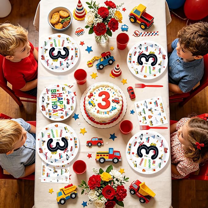 96Pcs 3rd Birthday Cars Party Decorations Transportation Plates and Napkins Tableware Set Car Train Plane Sailboat Tableware Set for Boys 3 Years Old Traffic Theme Party Supplies Serves 24