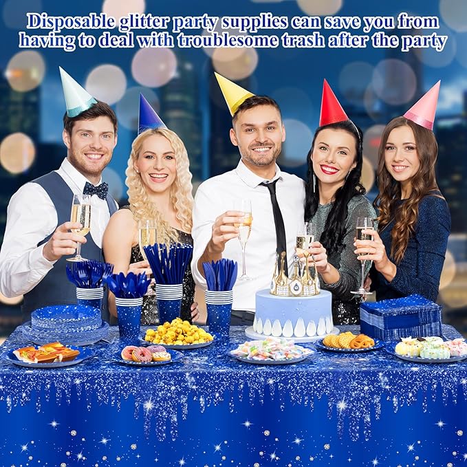 Funnymoom 452 Pcs Navy Blue Birthday Party Decoration Include Royal Blue Paper Plates Diamond Napkins Cups Tablecloth Cutlery Straws Tableware for Birthday Baby Shower Graduation Party Supplies