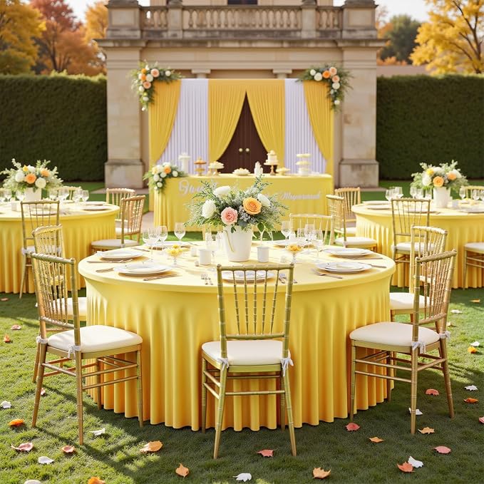 2 Pack Yellow 72 inch Round Spandex Tablecloth, Washable Stretchy Fitted 6FT Round Tables,Elastic Edge with Skirt, Wrinkle-Free Table Cloths for Wedding Banquet Party Birthday Buffet