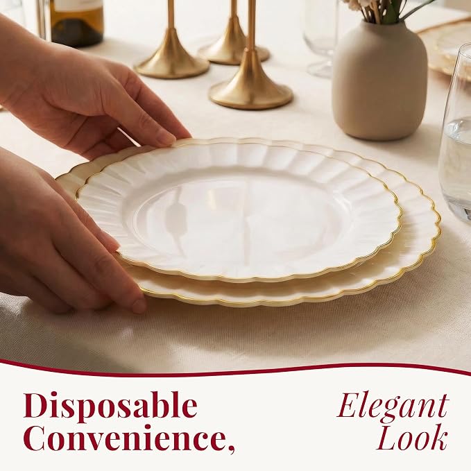 By Madee HEAVYWEIGHT Plastic Plates for Party | 60 Pc Ivory Scalloped Plates with Gold Trim | Fancy Disposable Plates for Weddings, Bridal Showers & Events | 30 Dinner & 30 Dessert