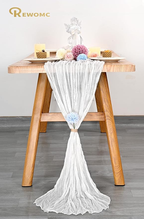 6 Pcs White Cheesecloth Table Runner 10FT, Gauze Table Runner for Wedding Reception Sheer Bridal Shower Birthday Party Boho Table Decoration, Rustic Romantic Wedding Runner
