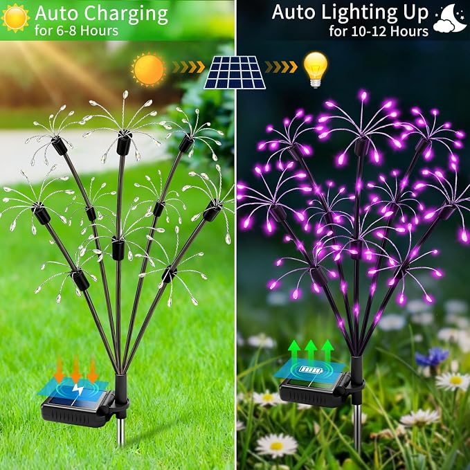 Solar Garden Lights Outdoor, 4 Pack 2-Layer Purple Solar Firework Lights, Waterproof Starburst Fairy Light Garden Decor for Yard Patio Pathway Lawn, Unique Gifts for Women Mom Grandma Mother's Day