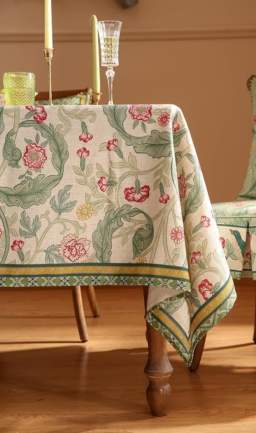 patdrea Vintage French Linen Tablecloth,Rectangular,110"x63"-Cecilia A | Colorful Elegant Table Cloth for Rectangle Table,Floral Vine Patterned,for Dining Room Tea Party Thanksgiving