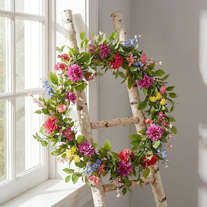 Giegxin 1 Pack 6 ft Artificial Flower Garland Flower with Dahlia and Wildflower Pink Purple Fake Wisteria Vines Summer Greenery Eucalyptus Garland for Wedding Mantle Porch Stair Table Indoor Decor