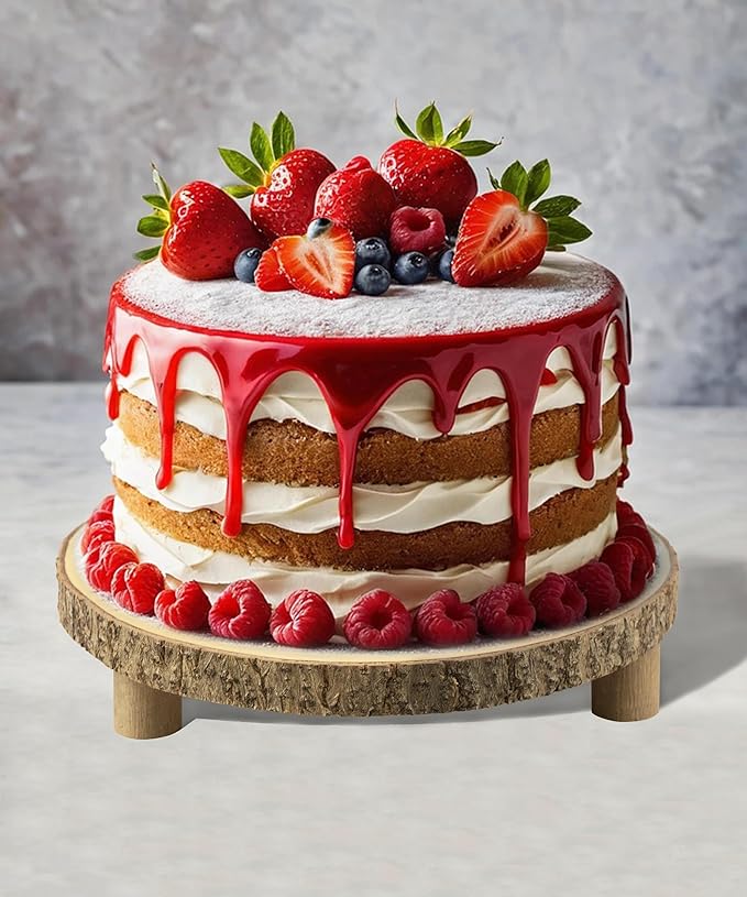 Gusnilo Rustic Wood Cake Stand with Legs – 11.5-12.5" Natural Wood Slice for Weddings, Parties & Desserts (Handcrafted Bark Edge)