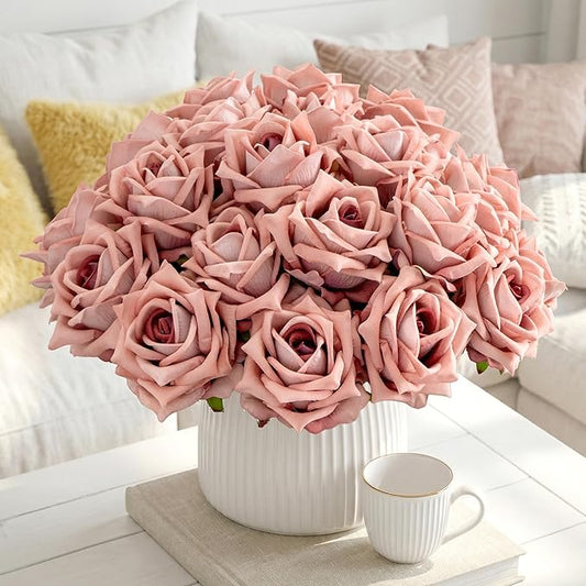 Ttranewsoo Fake Roses Faux Flowers Silk Roses 16.5In Artificial Roses with Stems Realistic Artificial Flowers Suitable for Indoor Home Decor DIY Bouquet Wedding Decor Party Decor 24PCS (Pink Purple)