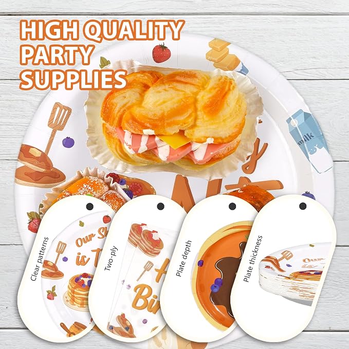 96Pcs Pancakes 1st Birthday Party Decorations Pancakes Plates and Napkins Our Short Stack is Turning One Tableware Set for Breakfast Brunch Supplies for Pancake 1st Birthday Party Supplies，Serves 24