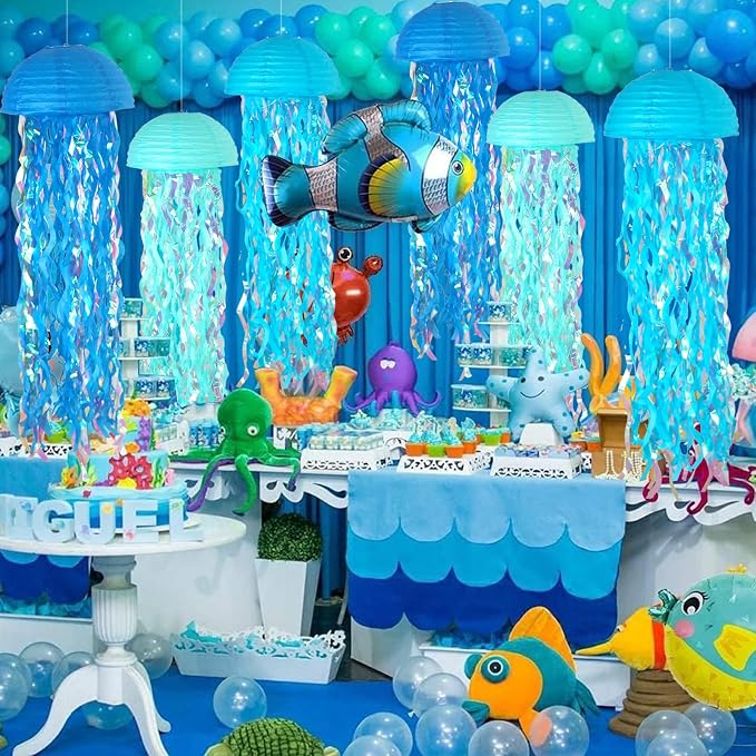 10" Jellyfish Paper Lanterns Lamps - Gradient Blue Under the Sea Party Decorations for Mermaid Theme Birthday, Beach Baby Shower, Pre-Assembled Classroom & Ocean Decor, 6 PCS
