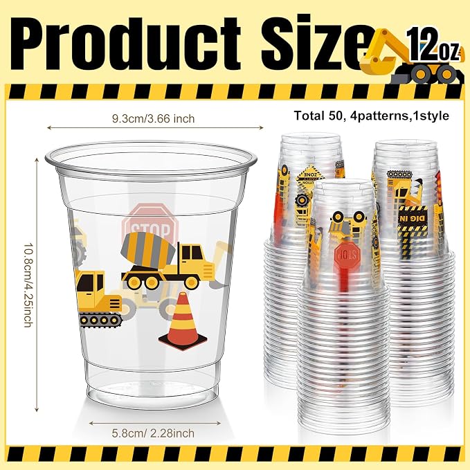 FoldTier 50 Pcs Construction Cups 12 oz Traffic Zone Birthday Glasses Plastic Dump Truck Construction Drinking Cups for Home Traffic Zone Birthday Party Favors Supplies Decoration
