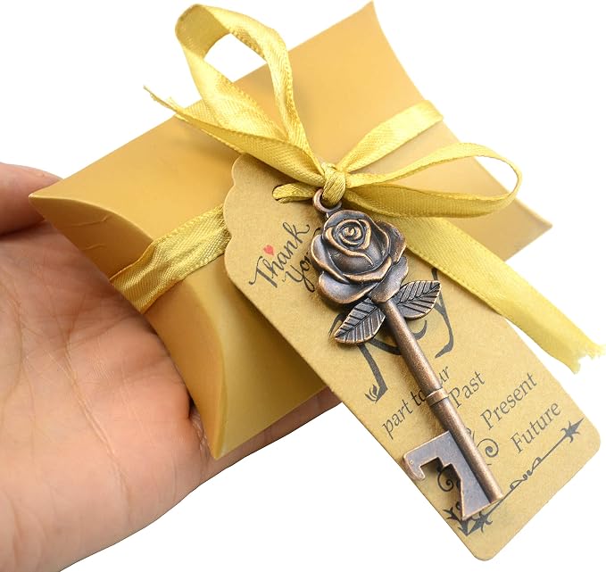 Makhry 50 Set Skeleton Rose Key Bottle Openers with Candy Box In Antique Vintage Style Escort Tags French Ribbon As A Gift Souvenir At Wedding Party Supplies (Copper)