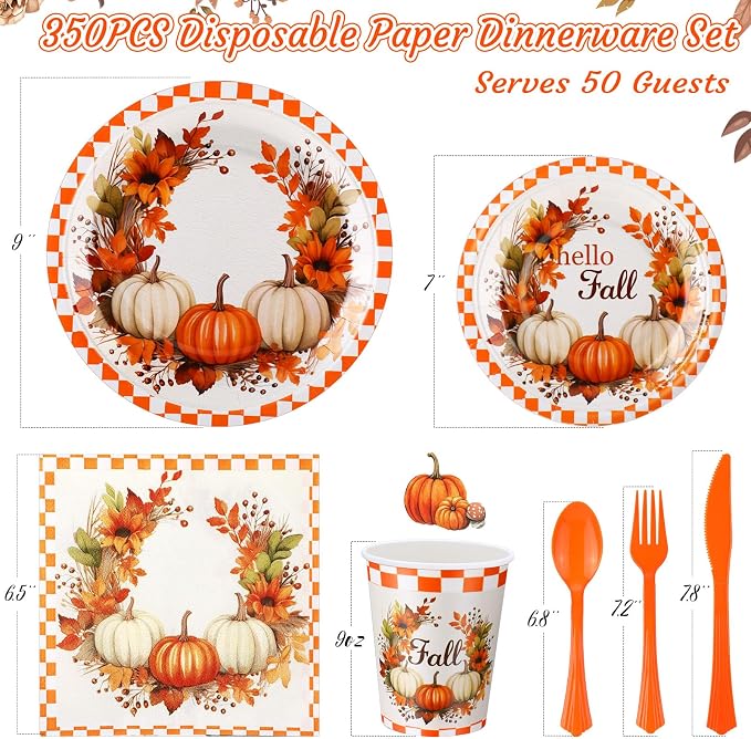 Sliner 350 Pcs Fall Paper Plates and Napkins Sets Party Supplies Thanksgiving Disposable Tableware Set Heavy Duty Pumpkin Paper Plates Orange Fall Cups Napkins Knife Fork Spoon, Serve 50 Guests