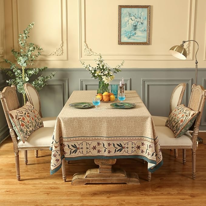 patdrea Designer French Linen Tablecloth,Rectangular,71"x55"-Fram | Elegant Durable Table Cloth for Rectangle Table,Vintage Block Print,for Dining Room Tea Party Thanksgiving,Beige