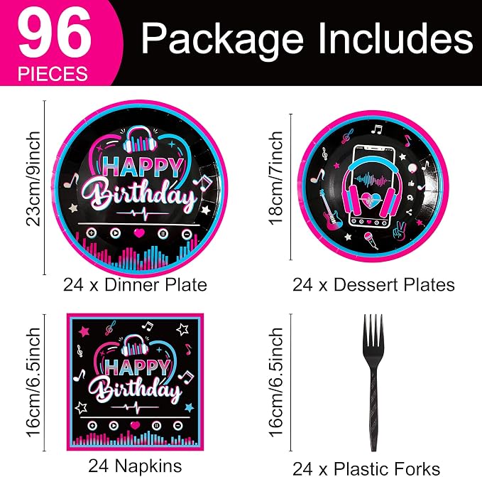 96 Pcs Music Party Supplies Tableware Set for Girls, Music Theme Birthday Party Plates Napkins Forks Packs Decorations for Birthday Baby Shower Celebration, 24 Guests