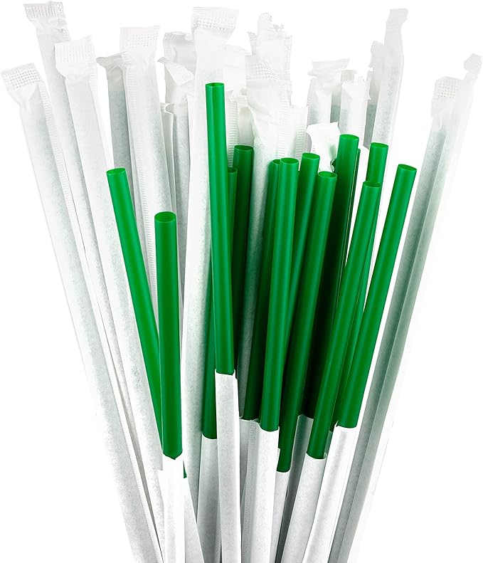 DuraHome Green Plastic Straws Individually Wrapped 1000 Pack, 8 inch BPA Free Restaurant Style Disposable Drinking Straw 0.24" Wide, for Coffee House, Diner or Home, Decorative Display Boxes, Bulk Set
