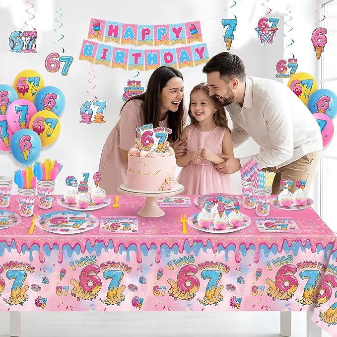 244 PCS Hand-Drawn 6 7 Birthday Decorations for 24 Guests, I Was 6 Now I'm 7 Birthday Party Supplies Set with Plates, Cups, Napkins, Banner & Balloons, Donut Ice Cream Birthday Decorations for Kids