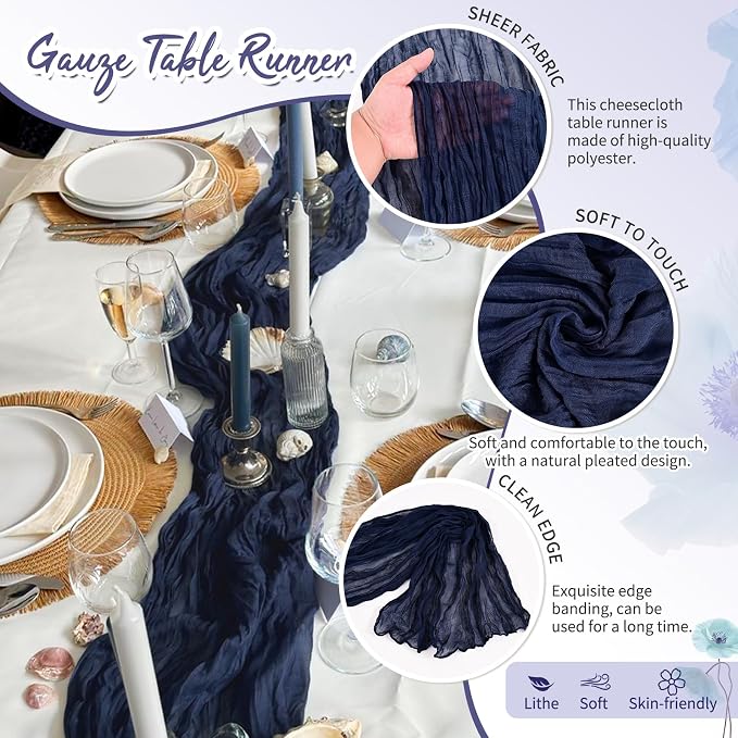 4 Pack Navy Blue Cheesecloth Table Runner 17 x 108 inch Boho Gauze Table Runner Rustic Sheer Cheese Cloth Table Decorations for Wedding Party Baby Bridal Shower Birthday Holiday Home