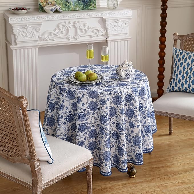 patdrea Elegant French Linen Tablecloth,Round,Diameter 67"-Lantang A | Vintage Elegant Table Cloth for Round Table,Blue and White Floral Print,for Dining Room Tea Party Thanksgiving