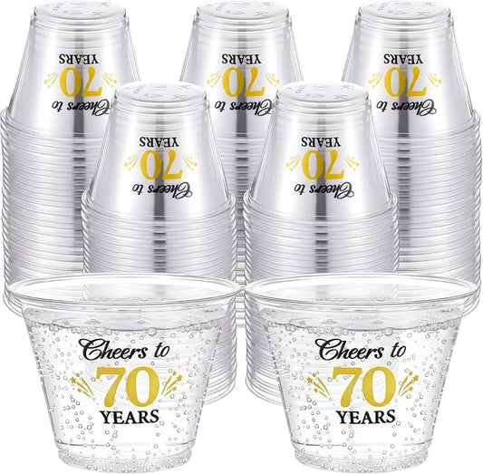 LemonRoad 100 Pack 70th Birthday Cup 9 oz Cheers to 70 Years Birthday Disposable Clear Plastic Cocktail Cups Hot Cold Beverage Drinks for Men Women Wedding Anniversary Decorations Party Favors