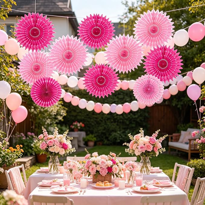 SUNBEAUTY Hanging Honeycomb Paper Fans, 12Pcs Hot Pink Hanging Tissue Paper Flowers Party Decorations for Wall, Pink Birthday Paper Decor for Baby Shower, Graduations, Bachelorette, Wedding, Room
