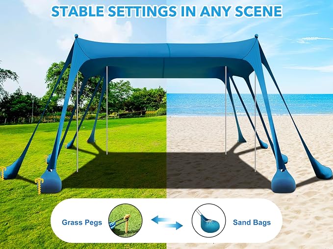 Beach Tent Sun Shelter 10 x 13FT, Camping Sun Shelter with 10 Sandbags, 22mm 7.2FT Thickened Aluminum Poles, Beach Canopy Tent Sun Shade UPF50+ Protection for Camping, Fishing, Backyard