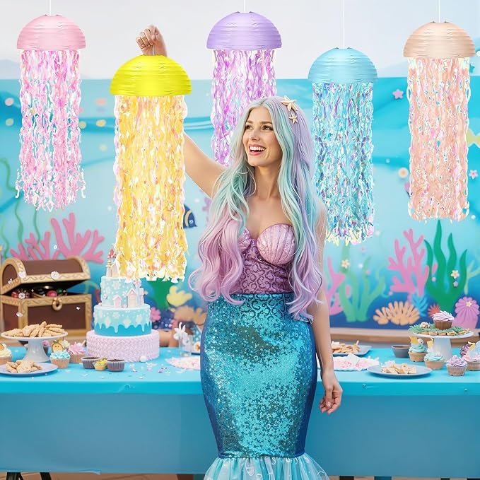 Baquler Set of 12 Jellyfish Paper Lanterns 10 Inch Mermaid Semicircle Lanterns Hanging Decoration for Classroom Baby Shower Under the Sea Ocean Theme Birthday Party Decorations (Macaron Colors)