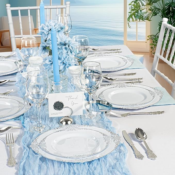 Bestluck 175PCS White and Silver Plastic Plates for 25 Guests, Disposable Dinnerware Sets Include 50 Plastic Plates, 25 Silverwares, 25 Cups, and 25 Pre Rolled Napkins for Party, Graduation