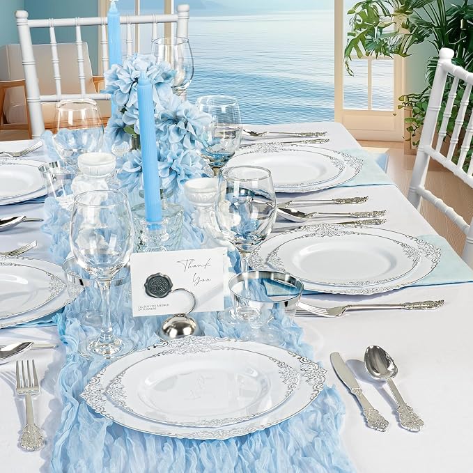 Bestluck 175PCS White and Silver Plastic Plates for 25 Guests, Disposable Dinnerware Sets Include 50 Plastic Plates, 25 Silverwares, 25 Cups, and 25 Pre Rolled Napkins for Party, Graduation