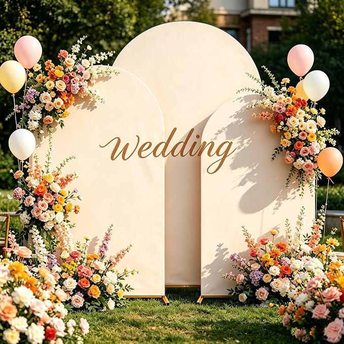 Arch Backdrop Stand and Cover Set (7.2ft,6.6ft,6ft) Metal Arch Frame Stand Gold with Beige Cover for Wedding Birthday Party Baby Shower with Storage Bag(Beige, 7.2FT+6.6FT+6FT)