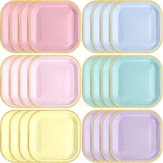 60 Pcs Pastel Colorful Paper Plates 7 Inch Easter Gradient Disposable Square Dessert Party Plates with Gold Edge for Birthday Wedding Bridal Baby Shower Party Supplies, 6 Colors