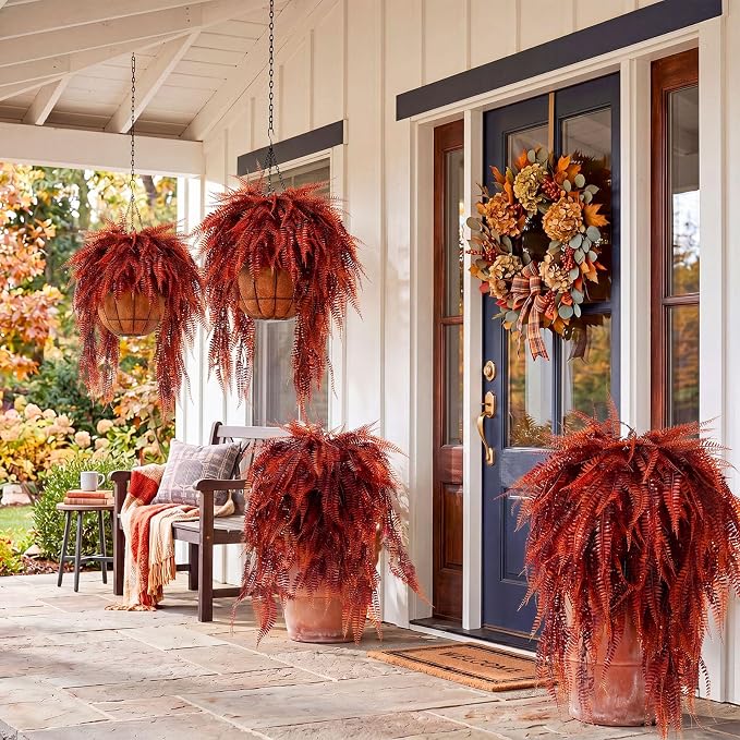 Daifunli 12 Pcs Artificial Fall Hanging Plants Fake Hanging Ferns Plastic Autumn Faux Plants for Wall Room Garden Garland Indoor Outdoor Decor No Basket (Fall Boston =)
