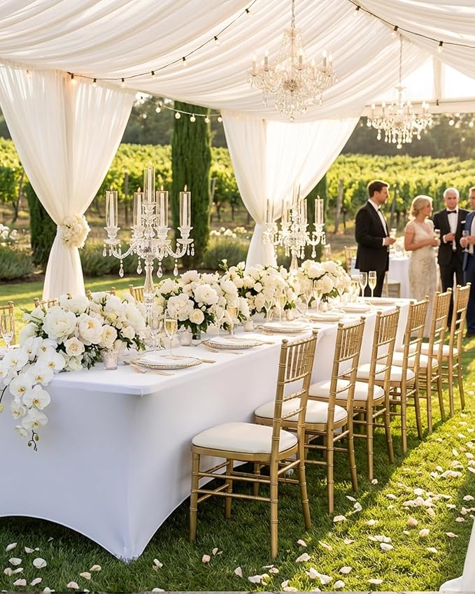 Fixwal White Tablecloths for 8 Foot Rectangle Tables, 2 Pack Spandex Stretch Fitted Table Covers for Party, Trade Show, Banquet, Wedding, Buffet