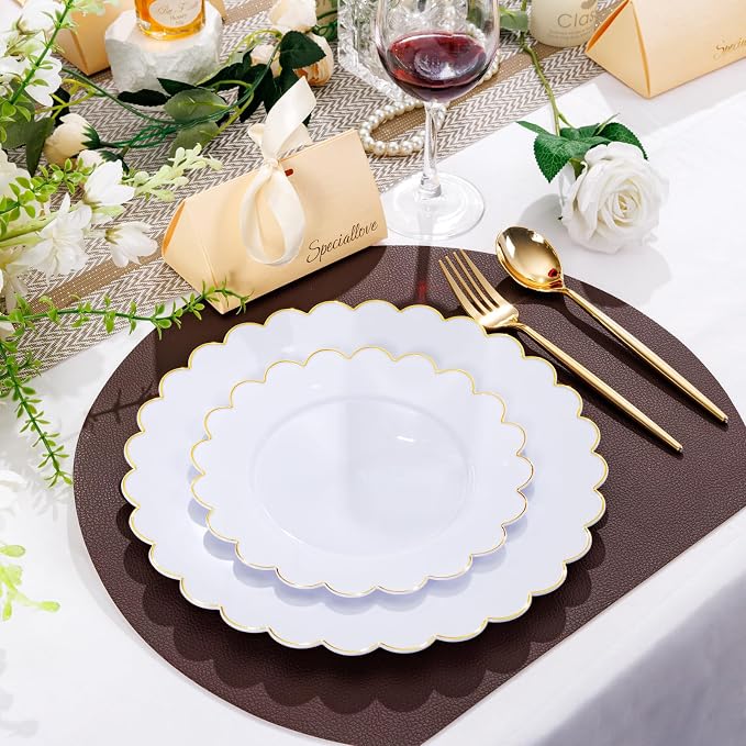LIYH 60 Pcs White Plastic Plates with Gold Rim, Scalloped Disposable Combo Heavy-Duty Patriotic Plates Includes 30 Dessert Platos & 30 Dinner Platos for Birthday Wedding Party