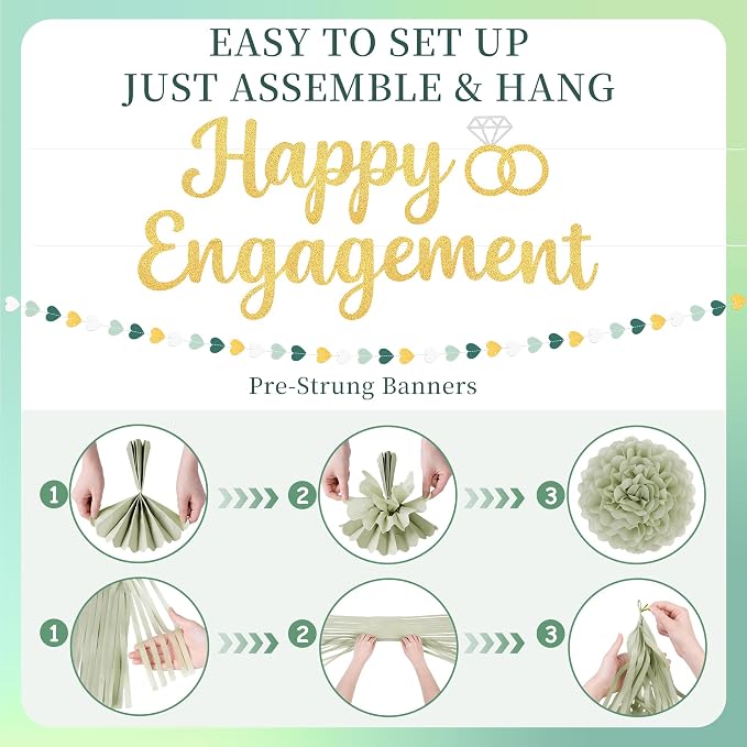 Kriyokiaa Engagement Party Decorations Sage Green Engaged Decorations with Gold Happy Engagement Banner, Includes Paper Pom Poms Paper Lanterns, Tassels for Couple Bridal Shower Decor