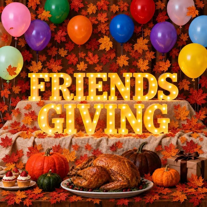 Friends Giving Party Decorations, Light up Letters Sign with 40 Round Pearlescent Balloons, Thanksgiving Led Marquee Lights Table Decoration for Friends Themed Party Fall Birthday Galentines Decor