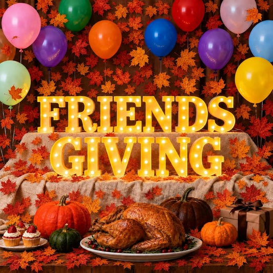 Friends Giving Party Decorations, Light up Letters Sign with 40 Round Pearlescent Balloons, Thanksgiving Led Marquee Lights Table Decoration for Friends Themed Party Fall Birthday Galentines Decor