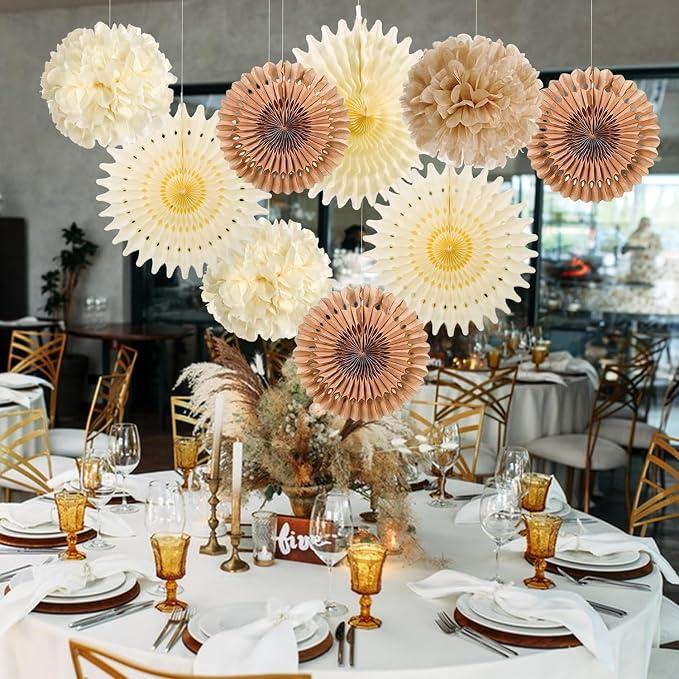 SUNBEAUTY Brown Party Decorations Boho Wedding Party Decor Brown Beige Tissue Pom Poms Paper Fans Hanging Neutral Women Birthday Party Decorations Bridal Shower Baby Shower Rustic Engagement Decor